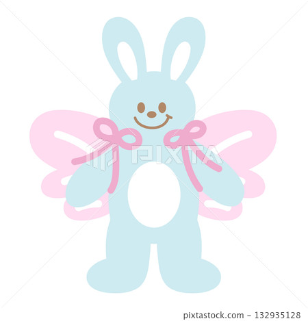 Cute illustration of bunny with butterfly wings, pink ribbon for animal decoration, rabbit cartoon, pet shop, vet, characters, comic, mascot, patch, brooch, nature, garden, zoo, souvenir shop, sticker 132935128