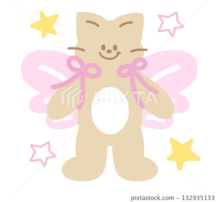 Cute illustration of brown cat with butterfly wings, stars, pink ribbon for animal decoration, kitten cartoon, cat drawing, pet shop, vet, characters, comic, mascot, patch, brooch, foster home, adopt 132935133