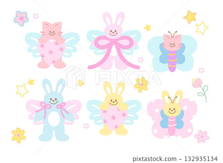 Cute vector illustrations of cat and bunny with butterfly wings, stars, flowers for animal decoration, kitten cartoon, rabbit drawing, happy easter, pet shop, vet, characters, mascot, patch, brooch Cute vector illustrations of cat and bunny with butterfly wings, stars, flowers for animal decoration, kitten cartoon, rabbit drawing, happy easter, pet shop, vet, characters, mascot, patch, brooch 132935134