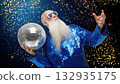 Man in shiny blue holds disco ball, created AI 132935175