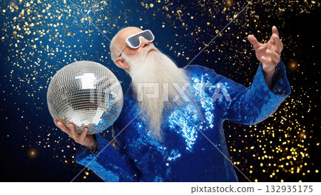Man in shiny blue holds disco ball, created AI Man in shiny blue holds disco ball, created AI 132935175