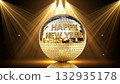 Disco ball reflecting light with Happy New Year text, created AI 132935178