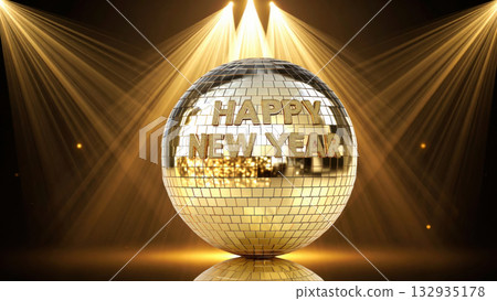 Disco ball reflecting light with Happy New Year text, created AI Disco ball reflecting light with Happy New Year text, created AI 132935178