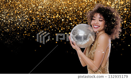 Woman joyfully hugs a disco ball with confetti, created AI 132935179