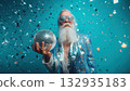Man in a blue suit holds a disco ball with confetti, created AI 132935183