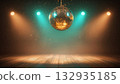 Disco ball casting colorful lights on wood floor, created AI 132935185