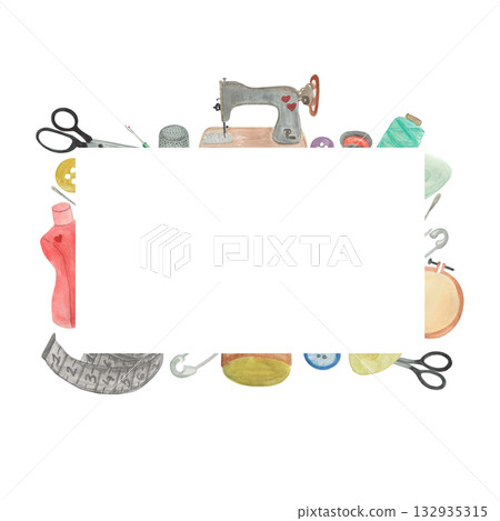 Watercolor illustration of a sew kit. Hand-drawn illustrations of a measuring tape and sewing machine. Suitable for a studio or school, as well as for a designer . Embroidery frame , hobby Watercolor illustration of a sew kit. Hand-drawn illustrations of a measuring tape and sewing machine. Suitable for a studio or school, as well as for a designer . Embroidery frame , hobby 132935315
