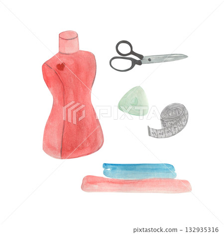 Watercolor illustration of a sewing kit. Hand-drawn illustrations of a measuring tape and sewing machine. Suitable for a studio or school, as well as for a designer. 132935316