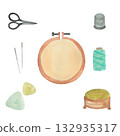 Watercolor illustration of a sew kit. Suitable for a studio or school, as well as for a designer. Embroidery 132935317