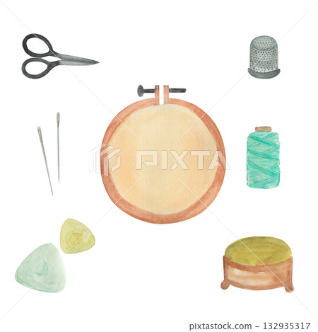 Watercolor illustration of a sew kit. Suitable for a studio or school, as well as for a designer. Embroidery Watercolor illustration of a sew kit. Suitable for a studio or school, as well as for a designer. Embroidery 132935317