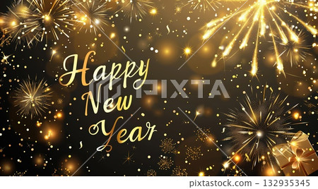 Golden New Year Wishes: Sparkling Fireworks and Sparklers Background, with golden text "Happy New Year" 132935345