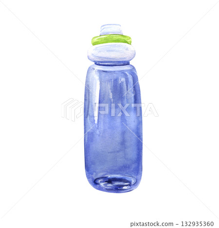 Blue water bottle watercolor illustration 132935360