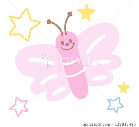 Cute illustration of pink butterfly and stars for animal decoration, insect, cartoon, characters, comic, mascot, patch, brooch, plush toy, kid doll, nature, garden, flowers, floral print, blooming 132935480