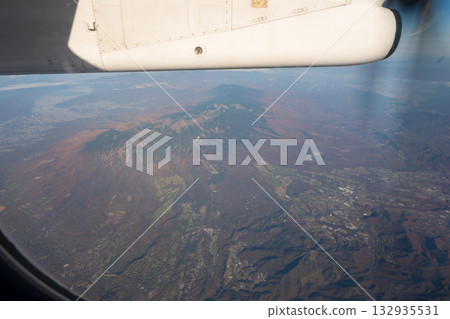 Beautiful autumn mountain and lake scenery seen from an airplane window in Japan Beautiful autumn mountain and lake scenery seen from an airplane window in Japan 132935531