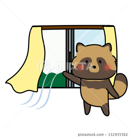 一隻浣熊打開窗戶通風。 一隻浣熊打開窗戶通風。 132935562