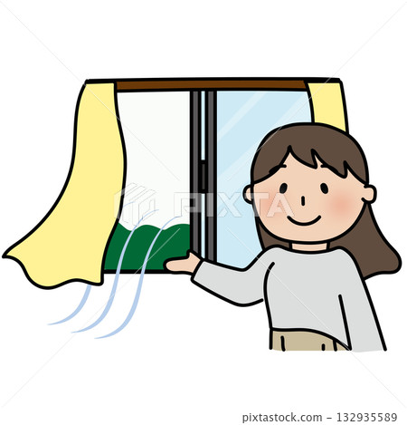 Woman opening a window and ventilating Woman opening a window and ventilating 132935589