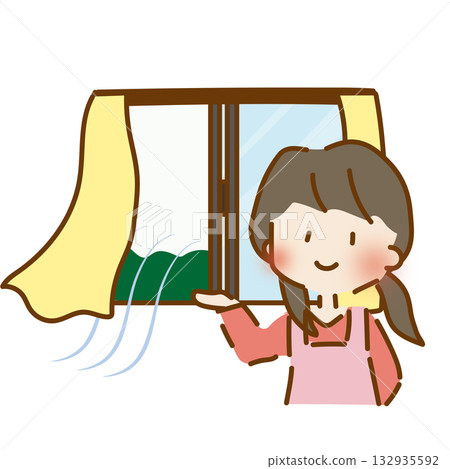 A female nursery teacher opens the window to ventilate 132935592