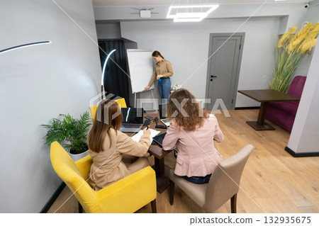 Business meeting women working modern office collaborating on project analysis in bright contemporary workspace Business meeting women working modern office collaborating on project analysis in bright contemporary workspace 132935675