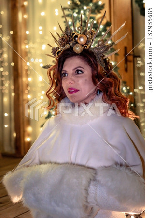 Woman Christmas Crown Lights Festive Holiday Portrait Woman Christmas Crown Lights Festive Holiday Portrait 132935685