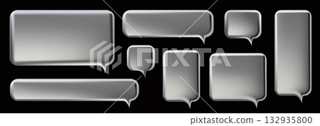 3d y2k Chrome Speech Bubble set. Realistic vector illustration design. Balloon 3D style of thinking sign symbol. Metal, luxury, glossy, shiny, chat, dialogue, shape template. 132935800