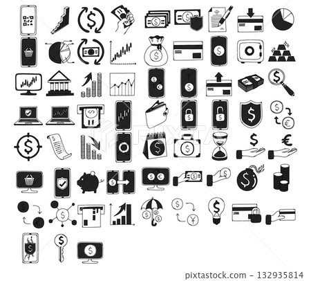 Financial and money doodle vector icon set. Drawing sketch illustration hand drawn line eps10 Financial and money doodle vector icon set. Drawing sketch illustration hand drawn line eps10 132935814