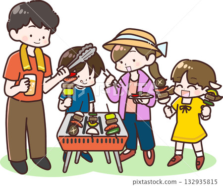 一家人在戶外烤肉的插圖 132935815