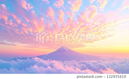 Mt. Fuji and autumn sunset with scaly clouds. Magic hour sky. Autumn sky. Mt. Fuji and autumn sunset with scaly clouds. Magic hour sky. Autumn sky. 132935819