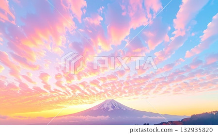 Mt. Fuji and autumn sunset with scaly clouds. Magic hour sky. Autumn sky. Mt. Fuji and autumn sunset with scaly clouds. Magic hour sky. Autumn sky. 132935820