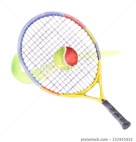 Racket hitting tennis ball watercolor illustration Racket hitting tennis ball watercolor illustration 132935832
