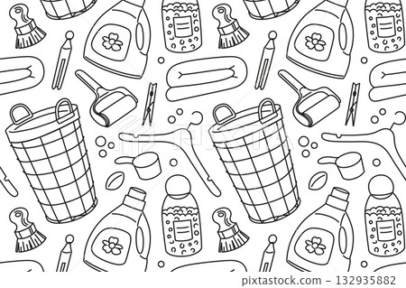 Black and white pattern with laundry theme. Flat cartoon vector illustration with detergent bottles and clothes for home cleaning, baskets, textile care and household design 132935882