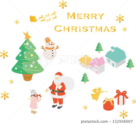 Isometric Christmas illustration set - Santa, tree, cityscape, children, presents Isometric Christmas illustration set - Santa, tree, cityscape, children, presents 132936007