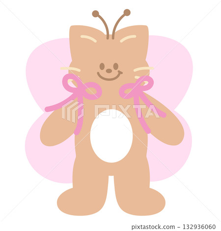Cute illustration of cat with butterfly wing, ribbon for animal decoration, insect, kitten cartoon, cat drawing, pet shop, vet, characters, comic, mascot, patch, brooch, foster home, adopt cat, nature 132936060
