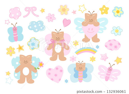 Cute vector illustrations of pastel cat, butterfly wings, stars, flowers, rainbow, heart, cloud for animal decoration, kitten cartoon, pet shop, vet, characters, comic, mascot, patch, adopt and rescue Cute vector illustrations of pastel cat, butterfly wings, stars, flowers, rainbow, heart, cloud for animal decoration, kitten cartoon, pet shop, vet, characters, comic, mascot, patch, adopt and rescue 132936061