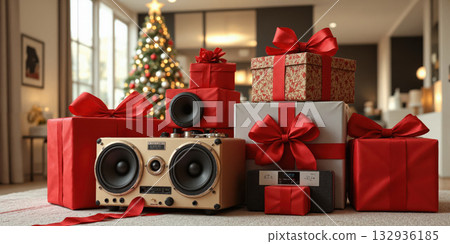 Christmas Gifts Presents Red Ribbon Bows Stacked Audio Speakers Hifi System Holiday Surprise Technology Music Theme Festive Celebration Electronic Gift Christmas Gifts Presents Red Ribbon Bows Stacked Audio Speakers Hifi System Holiday Surprise Technology Music Theme Festive Celebration Electronic Gift 132936185