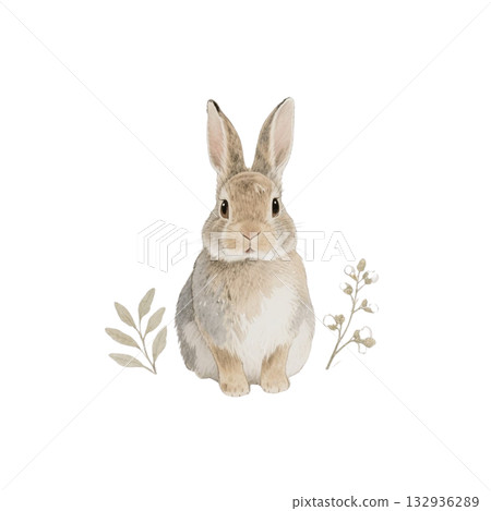 Watercolor antique botanical rabbit illustration AI 132936289