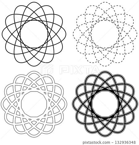 一組由幾何曲線組成的四個圓形圖案 132936348