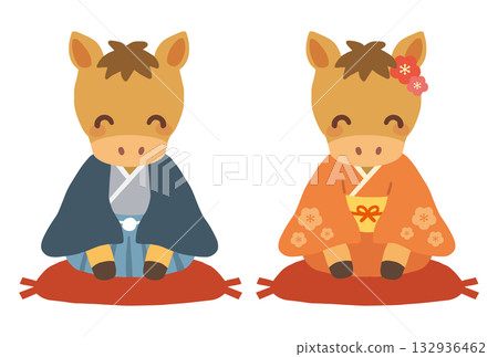 馬年新年插畫:身著和服的男女 馬年新年插畫:身著和服的男女 132936462