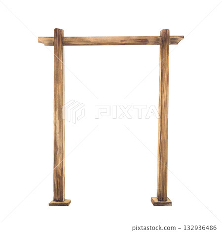 Wooden square arch watercolor illustration. Hand drawn wedding arches with wood texture isolated from background. Rustic brown natural design, festive ceremony, party decoration. Hand drawn clipart Wooden square arch watercolor illustration. Hand drawn wedding arches with wood texture isolated from background. Rustic brown natural design, festive ceremony, party decoration. Hand drawn clipart 132936486