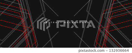 Black abstract modern horizontal banner design with gray and orange geometric lines and outlines. Dark futuristic wide background concept. 132936664