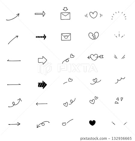 Hand-drawn arrow, heart, email, and manga symbol icon set. Simple black and white illustration material. 132936665