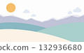 A serene landscape illustration with mountains, sun, and soft pastel colors in a minimalist style 132936680
