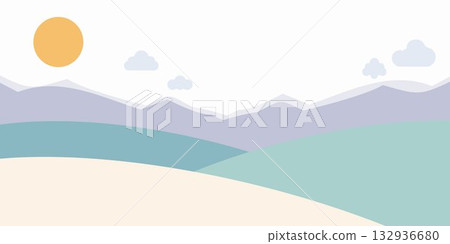 A serene landscape illustration with mountains, sun, and soft pastel colors in a minimalist style A serene landscape illustration with mountains, sun, and soft pastel colors in a minimalist style 132936680