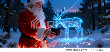 Santa Claus holding a futuristic gift in a snowy winter forest. A glowing blue digital hologram of a reindeer emerges from a box. Modern technology and Christmas tradition concept Santa Claus holding a futuristic gift in a snowy winter forest. A glowing blue digital hologram of a reindeer emerges from a box. Modern technology and Christmas tradition concept 132936696