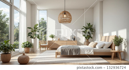Modern Bedroom Interior Natural Light Woven Pendant Lamp Bed Neutral Colors Bohemian Style Rattan Furniture Plants Cozy Simple Clean Design Modern Bedroom Interior Natural Light Woven Pendant Lamp Bed Neutral Colors Bohemian Style Rattan Furniture Plants Cozy Simple Clean Design 132936724
