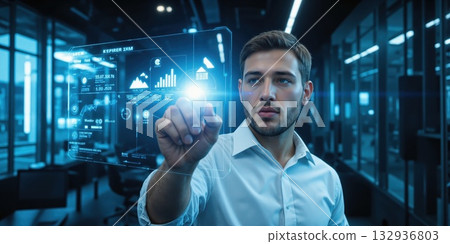 The Future of Work A businessman in a modern corporate setting interacts with a transparent holographic screen, adjusting financial charts The Future of Work A businessman in a modern corporate setting interacts with a transparent holographic screen, adjusting financial charts 132936803