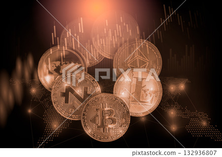 Modern way of exchange. Bitcoin is convenient payment in global economy market. Virtual digital currency and financial investment trade concept. Abstract cryptocurrency with gold bitcoin background. Modern way of exchange. Bitcoin is convenient payment in global economy market. Virtual digital currency and financial investment trade concept. Abstract cryptocurrency with gold bitcoin background. 132936807