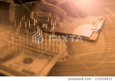 Stock market or forex trading graph and candlestick chart suitable for financial investment concept. Economy trends background for business idea and all art work design. Abstract finance background. Stock market or forex trading graph and candlestick chart suitable for financial investment concept. Economy trends background for business idea and all art work design. Abstract finance background. 132936811