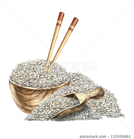Rice with chopsticks in a wooden bowl, next to a wooden rice paddle. Hand-drawn watercolor illustration. Element of menu design, recipes, and cookbooks. For banners, flyers, packaging, labels and more Rice with chopsticks in a wooden bowl, next to a wooden rice paddle. Hand-drawn watercolor illustration. Element of menu design, recipes, and cookbooks. For banners, flyers, packaging, labels and more 132936862