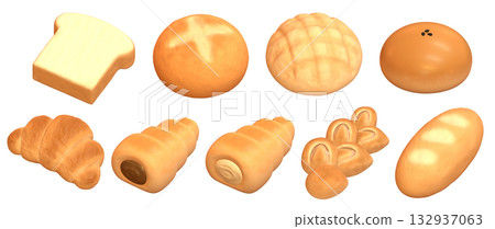從不同角度拍攝的各種麵包的3DCG插圖。一套包含9種看起來美味可口的麵包。 132937063