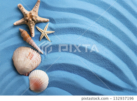 A bird's-eye view of blue sand texture with shells, starfish, and conch shells 132937196
